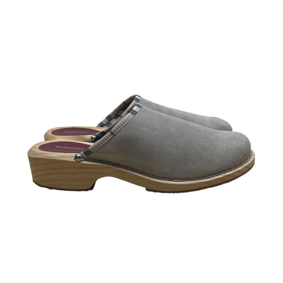 Women's Beige Suede Wooden Sole & Plaid Trim Clogs Sz 41 (US 10) - Picture 1 of 8